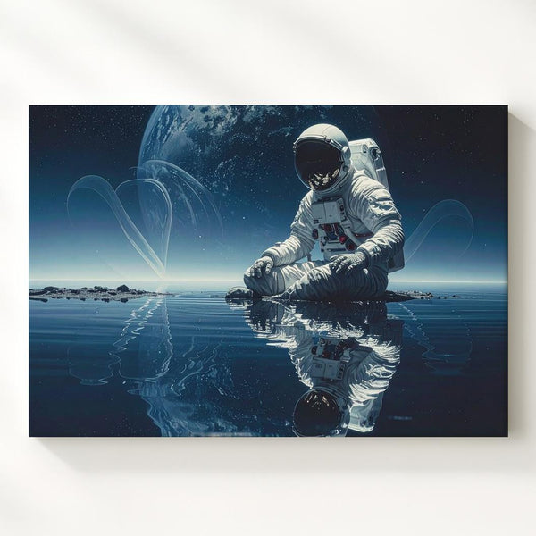 Astronaut Reflection Canvas – Serene Alien Landscape with Calm Waters - Gifitto