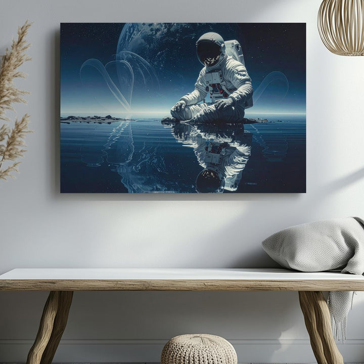 Astronaut Reflection Canvas – Serene Alien Landscape with Calm Waters - Gifitto