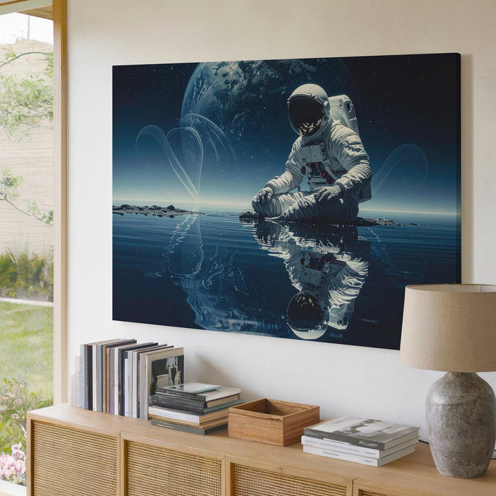 Astronaut Reflection Canvas – Serene Alien Landscape with Calm Waters - Gifitto