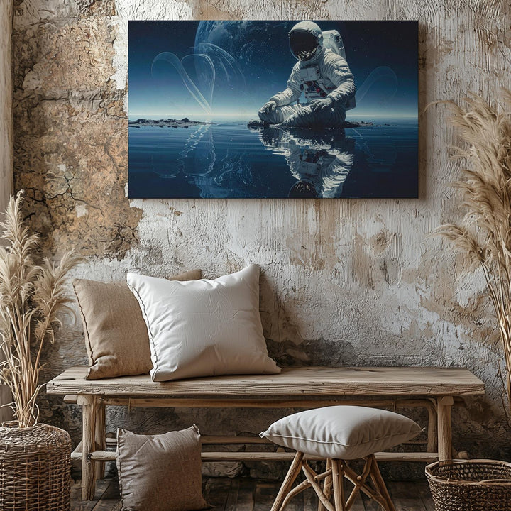 Astronaut Reflection Canvas – Serene Alien Landscape with Calm Waters - Gifitto