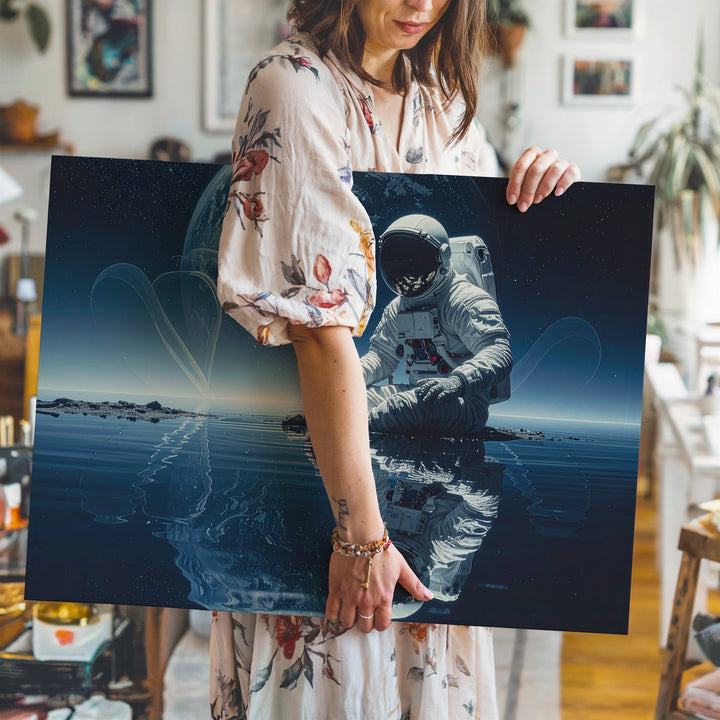 Astronaut Reflection Canvas – Serene Alien Landscape with Calm Waters - Gifitto
