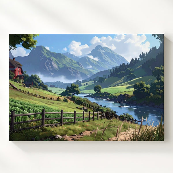 Idyllic Countryside Canvas – Peaceful Farmhouse Landscape Art - Gifitto