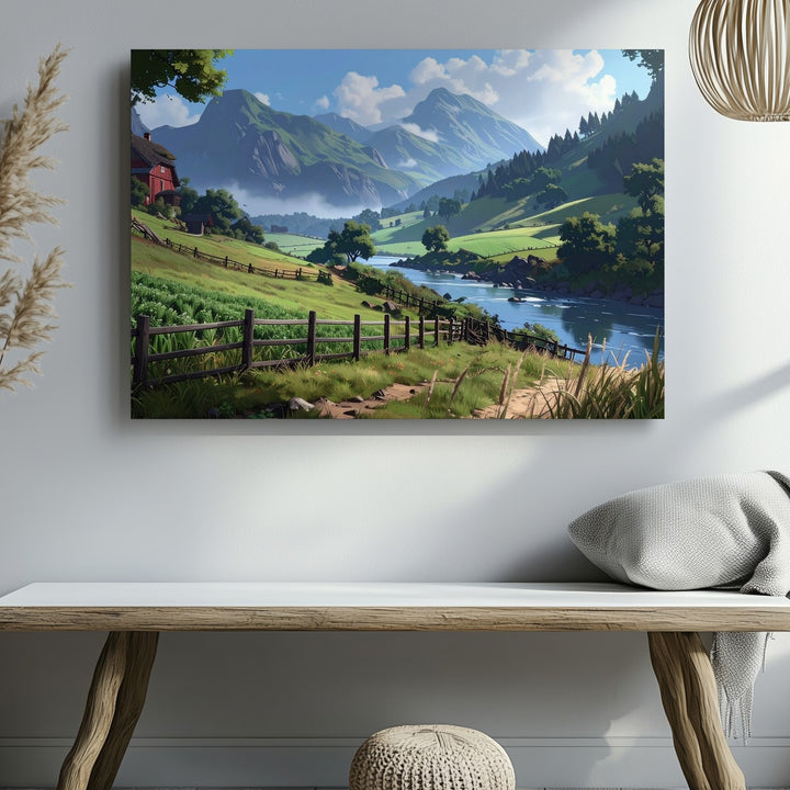 Idyllic Countryside Canvas – Peaceful Farmhouse Landscape Art - Gifitto
