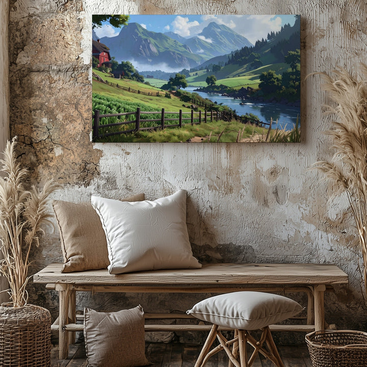 Idyllic Countryside Canvas – Peaceful Farmhouse Landscape Art - Gifitto