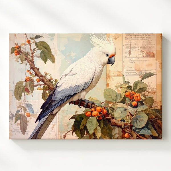 White Cockatiel on Branch Canvas – Vintage Botanical Bird Art - Gifitto