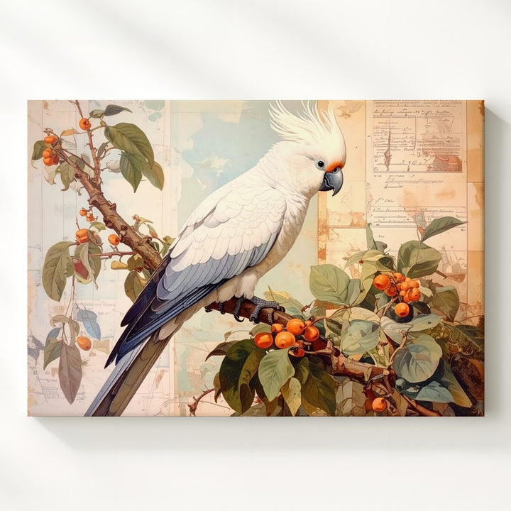 White Cockatiel on Branch Canvas – Vintage Botanical Bird Art - Gifitto