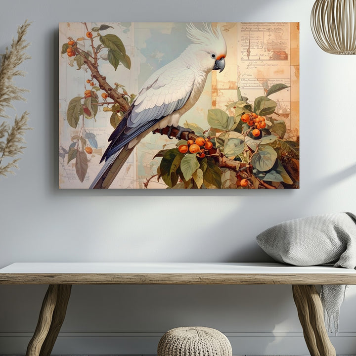 White Cockatiel on Branch Canvas – Vintage Botanical Bird Art - Gifitto