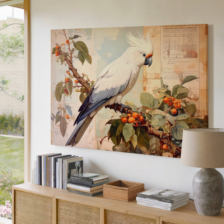 White Cockatiel on Branch Canvas – Vintage Botanical Bird Art - Gifitto
