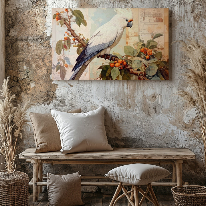 White Cockatiel on Branch Canvas – Vintage Botanical Bird Art - Gifitto