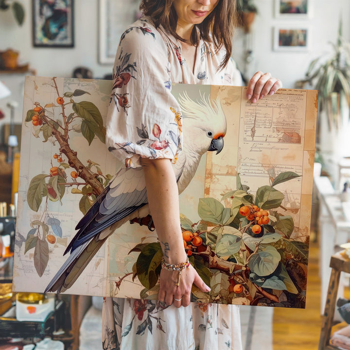 White Cockatiel on Branch Canvas – Vintage Botanical Bird Art - Gifitto