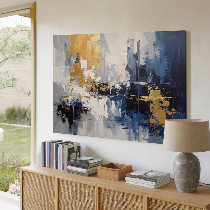 Urban Reflection Canvas – Modern Abstract Cityscape in Navy, Gray & Mustard - Gifitto