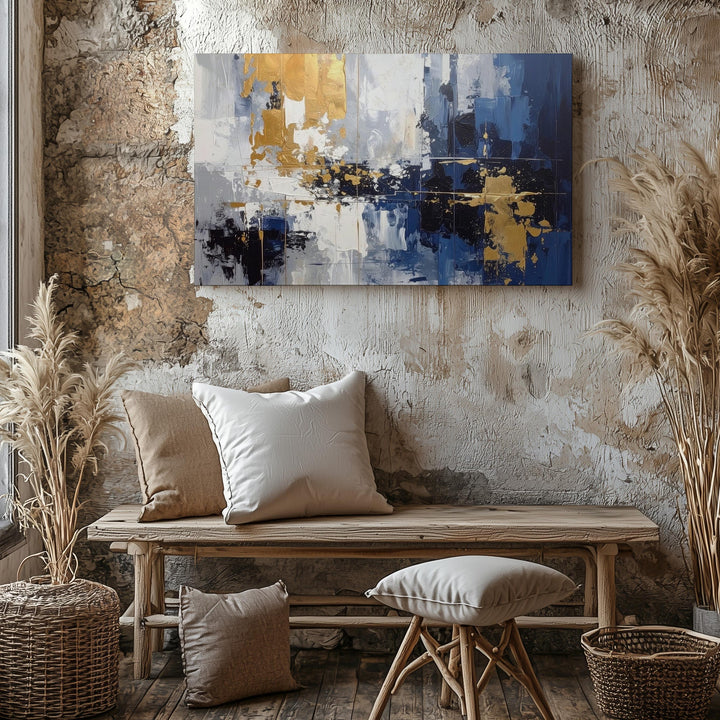 Urban Reflection Canvas – Modern Abstract Cityscape in Navy, Gray & Mustard - Gifitto