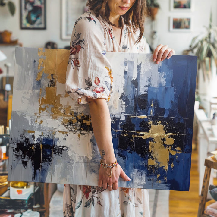 Urban Reflection Canvas – Modern Abstract Cityscape in Navy, Gray & Mustard - Gifitto