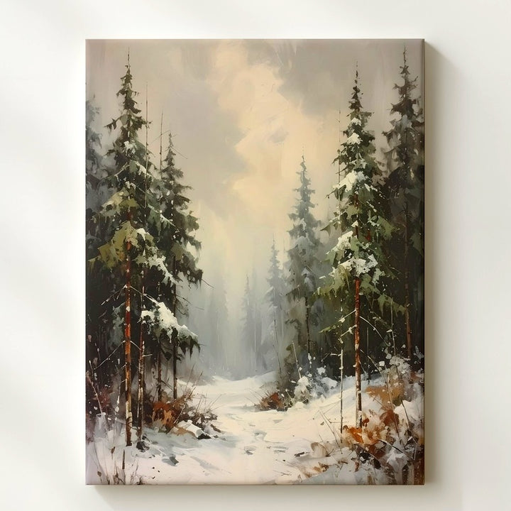 Serene Winter Pine Forest Canvas – Misty Snow Landscape Art - Gifitto