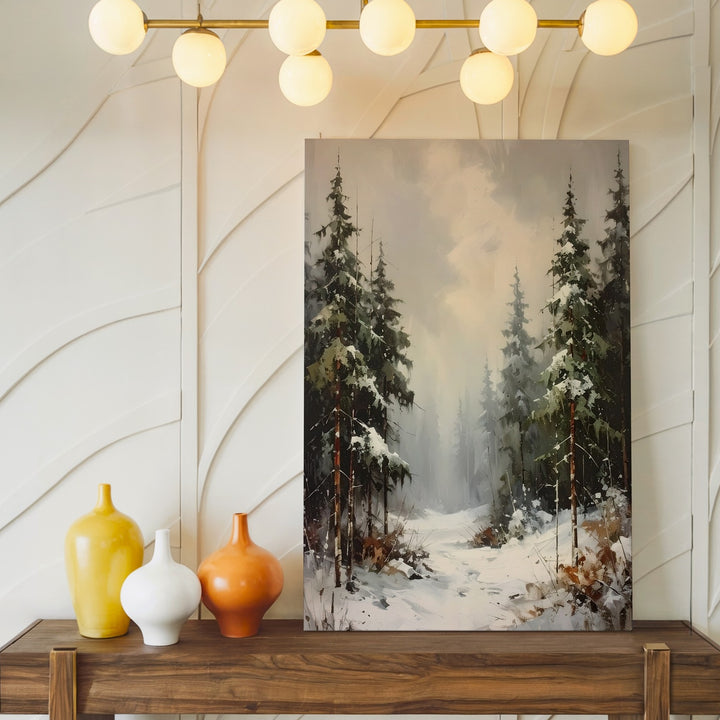 Serene Winter Pine Forest Canvas – Misty Snow Landscape Art - Gifitto