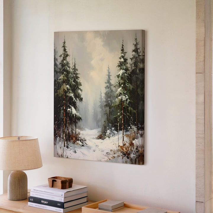 Serene Winter Pine Forest Canvas – Misty Snow Landscape Art - Gifitto