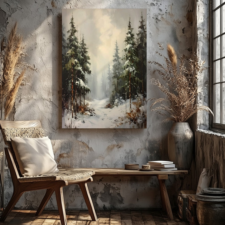 Serene Winter Pine Forest Canvas – Misty Snow Landscape Art - Gifitto