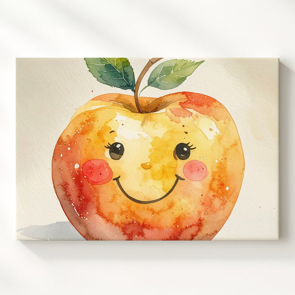 Happy Apple Canvas – Cartoon-Style Watercolor Fruit Art - Gifitto