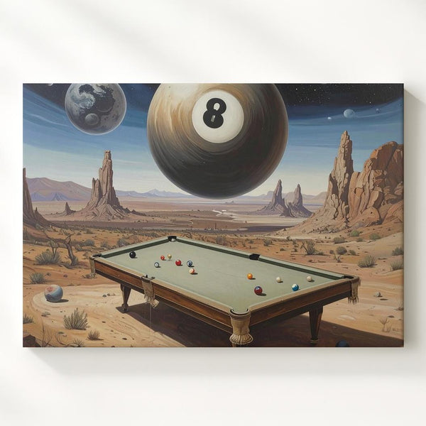 Surreal Desert with Floating Pool Table Canvas – Dreamlike Scene with Giant 8-Ball - Gifitto