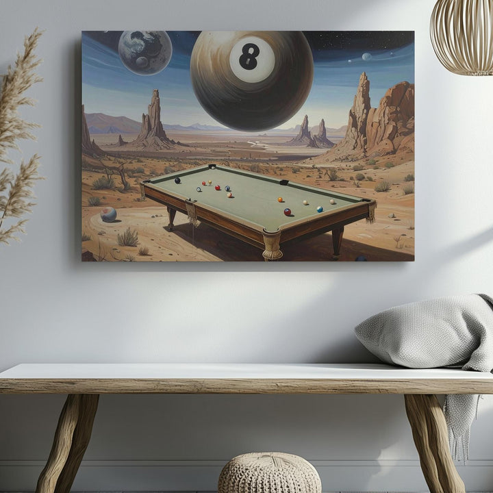 Surreal Desert with Floating Pool Table Canvas – Dreamlike Scene with Giant 8-Ball - Gifitto