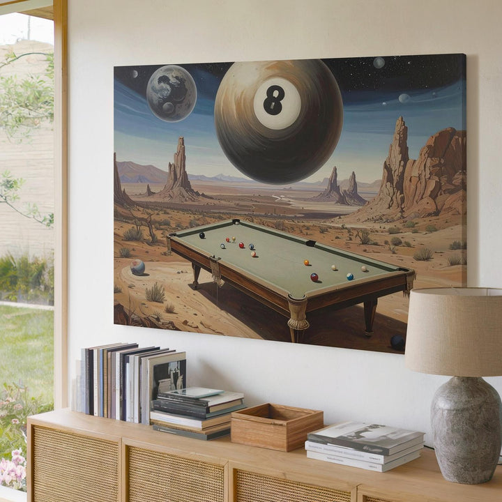 Surreal Desert with Floating Pool Table Canvas – Dreamlike Scene with Giant 8-Ball - Gifitto
