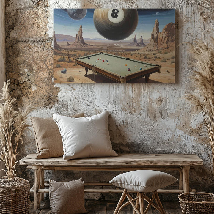 Surreal Desert with Floating Pool Table Canvas – Dreamlike Scene with Giant 8-Ball - Gifitto
