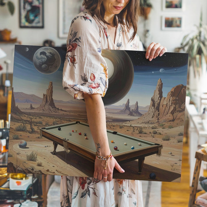 Surreal Desert with Floating Pool Table Canvas – Dreamlike Scene with Giant 8-Ball - Gifitto