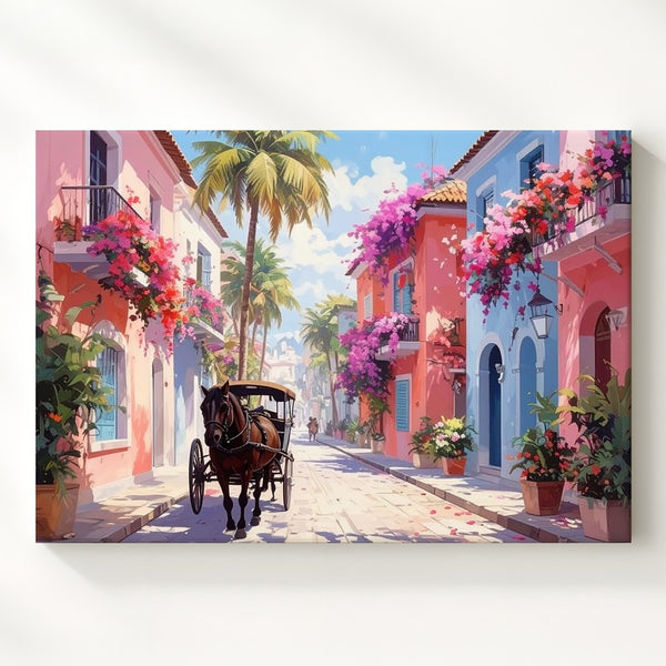 Charming Street Carriage Canvas – Vibrant Tropical Town Art - Gifitto
