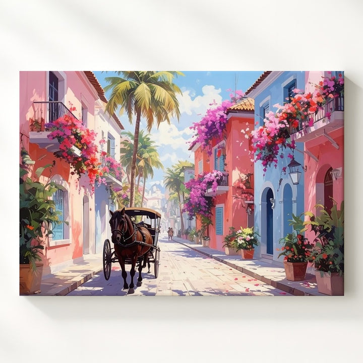 Charming Street Carriage Canvas – Vibrant Tropical Town Art - Gifitto