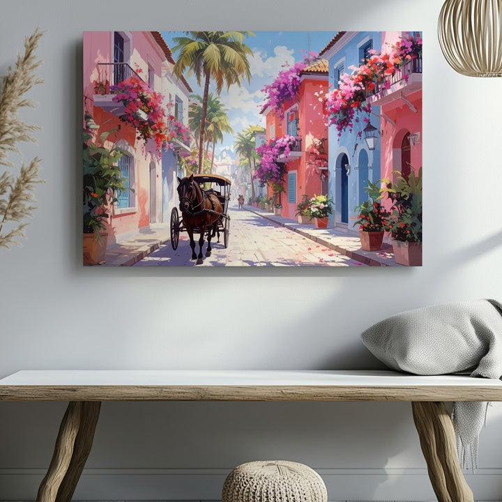 Charming Street Carriage Canvas – Vibrant Tropical Town Art - Gifitto