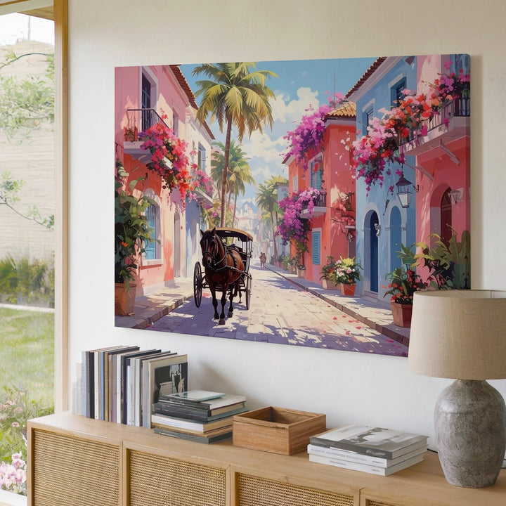 Charming Street Carriage Canvas – Vibrant Tropical Town Art - Gifitto