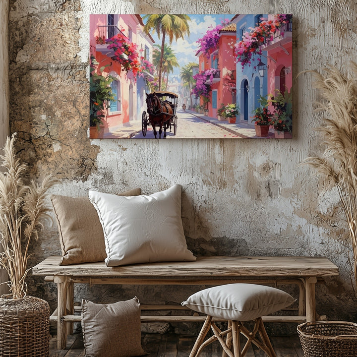 Charming Street Carriage Canvas – Vibrant Tropical Town Art - Gifitto