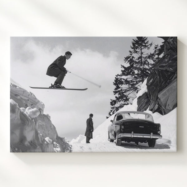 Vintage Ski Jumper & Convertible Canvas – Black & White Alpine Adventure Art - Gifitto