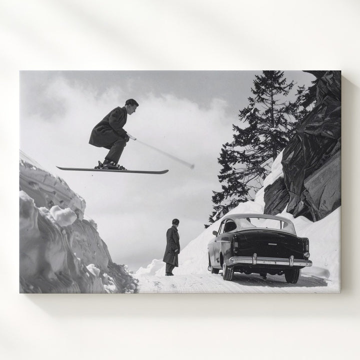 Vintage Ski Jumper & Convertible Canvas – Black & White Alpine Adventure Art - Gifitto