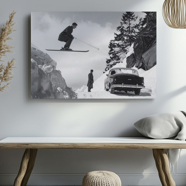 Vintage Ski Jumper & Convertible Canvas – Black & White Alpine Adventure Art - Gifitto