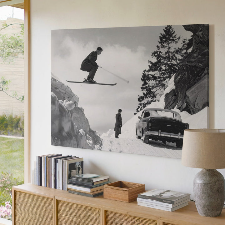 Vintage Ski Jumper & Convertible Canvas – Black & White Alpine Adventure Art - Gifitto