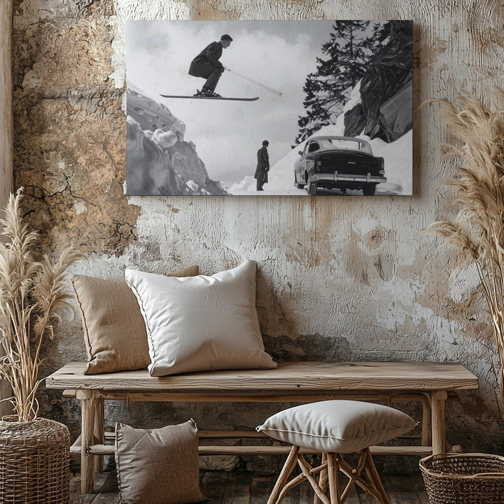 Vintage Ski Jumper & Convertible Canvas – Black & White Alpine Adventure Art - Gifitto