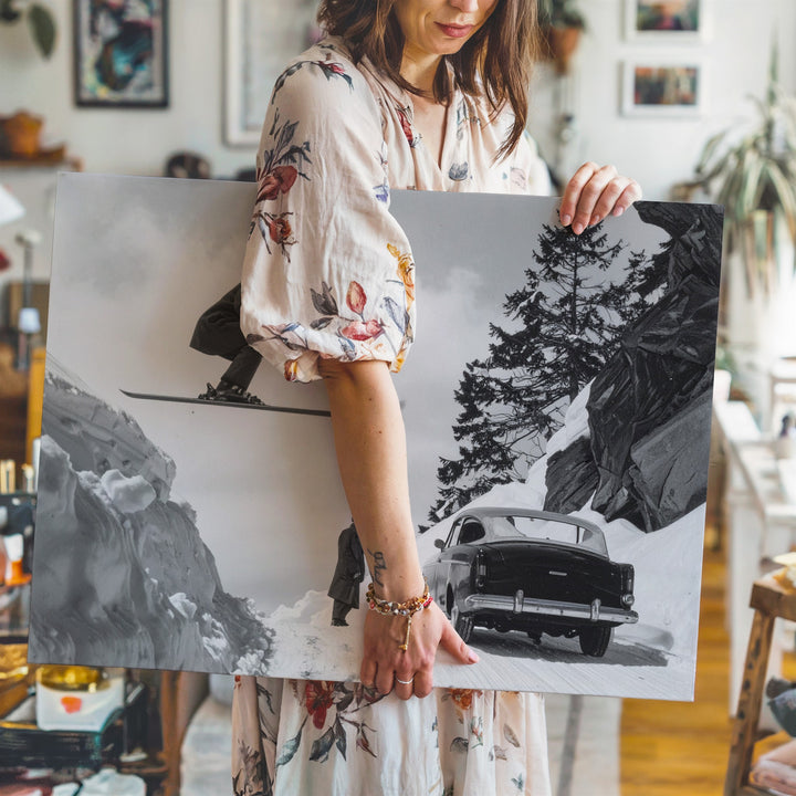 Vintage Ski Jumper & Convertible Canvas – Black & White Alpine Adventure Art - Gifitto