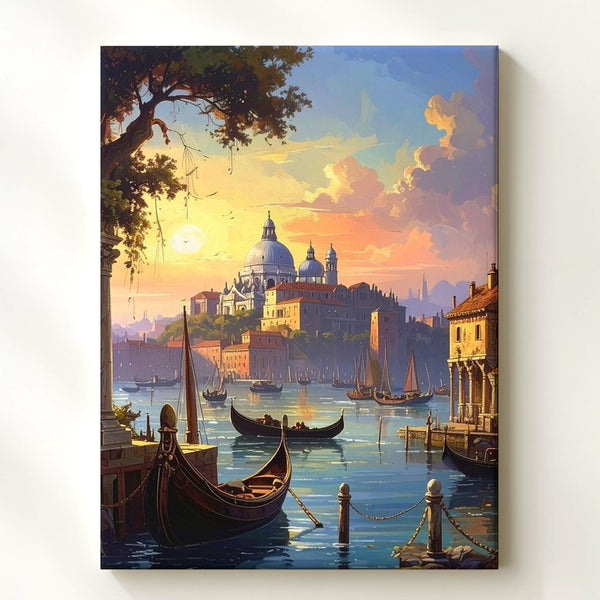 Romantic Harbor Canvas – Fantastical Gondola Scene at Sunset