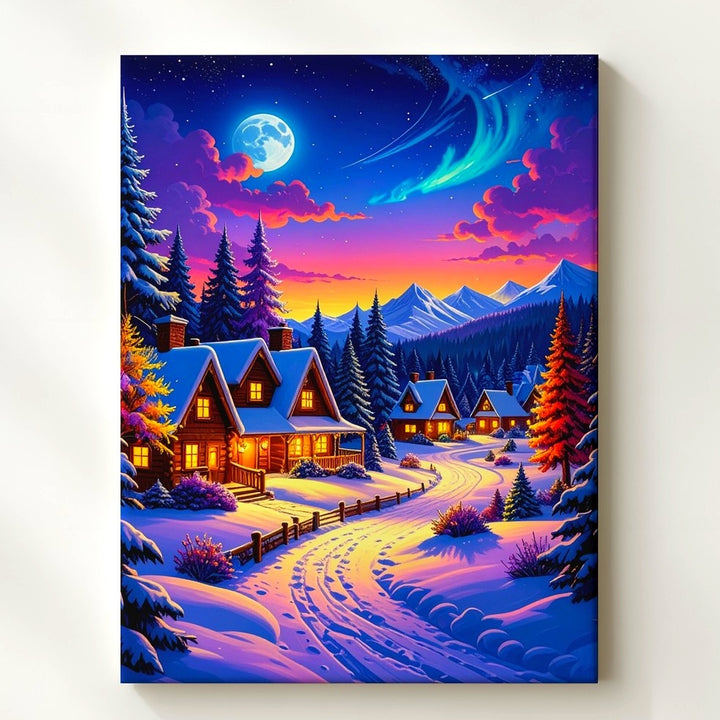 Magical Winter Cabin Village Canvas – Vibrant Twilight Snow Landscape - Gifitto
