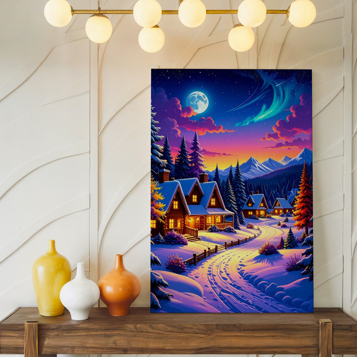 Magical Winter Cabin Village Canvas – Vibrant Twilight Snow Landscape - Gifitto
