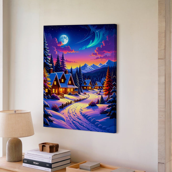 Magical Winter Cabin Village Canvas – Vibrant Twilight Snow Landscape - Gifitto