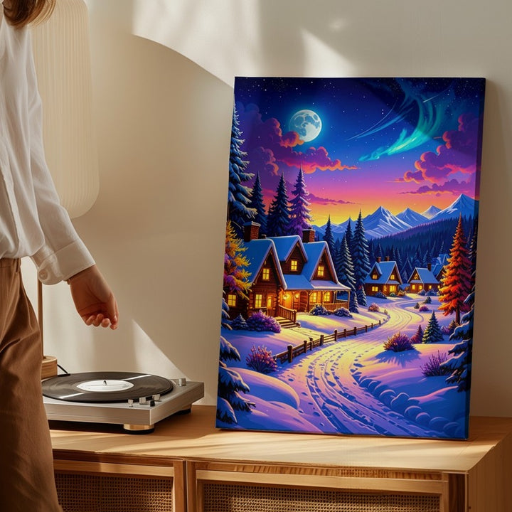 Magical Winter Cabin Village Canvas – Vibrant Twilight Snow Landscape - Gifitto