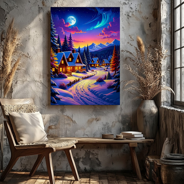 Magical Winter Cabin Village Canvas – Vibrant Twilight Snow Landscape - Gifitto