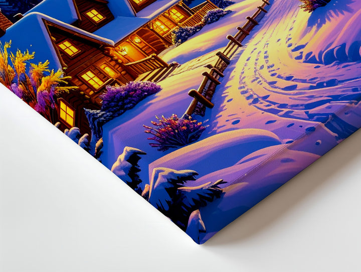 Magical Winter Cabin Village Canvas – Vibrant Twilight Snow Landscape - Gifitto