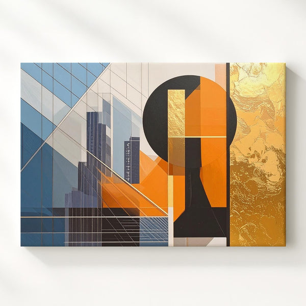 Futurist City Geometry Canvas – Urban Abstract with Gold Foil Accents - Gifitto