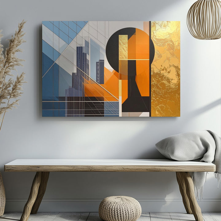 Futurist City Geometry Canvas – Urban Abstract with Gold Foil Accents - Gifitto