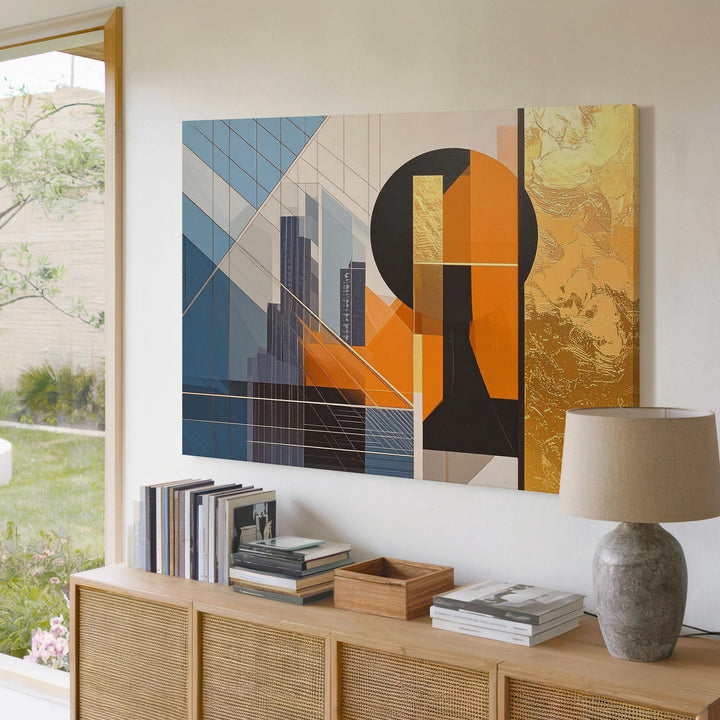 Futurist City Geometry Canvas – Urban Abstract with Gold Foil Accents - Gifitto