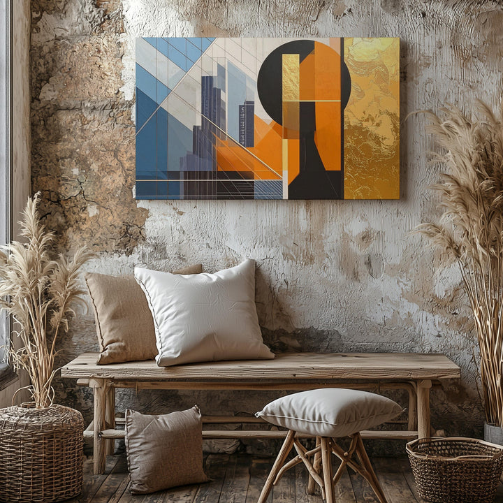Futurist City Geometry Canvas – Urban Abstract with Gold Foil Accents - Gifitto
