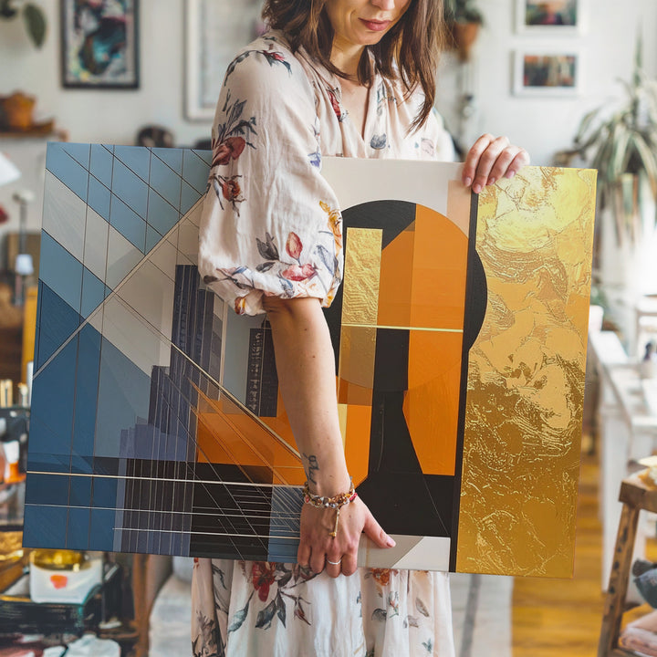 Futurist City Geometry Canvas – Urban Abstract with Gold Foil Accents - Gifitto